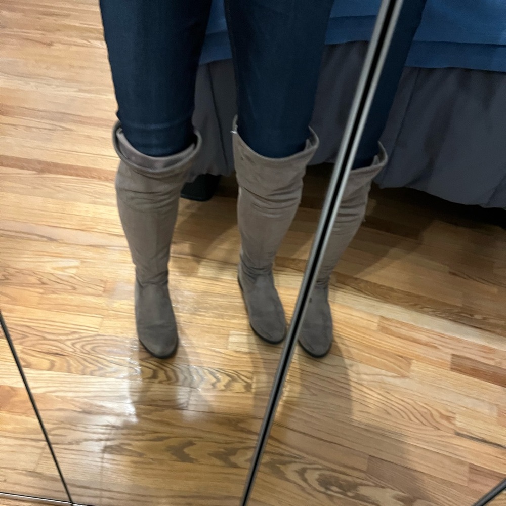 Grey thigh high boots suede